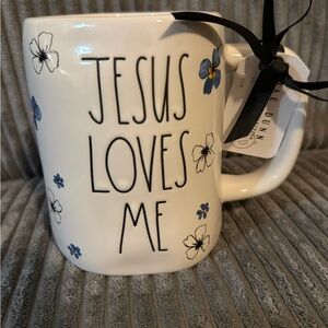 Rae Dunn White Mug with Blue Floral Accents - Jesus Loves Me